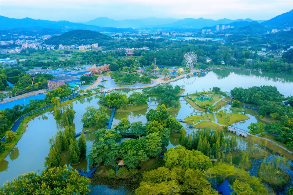 Aerial view of the resort's wetlands and Ferris wheel